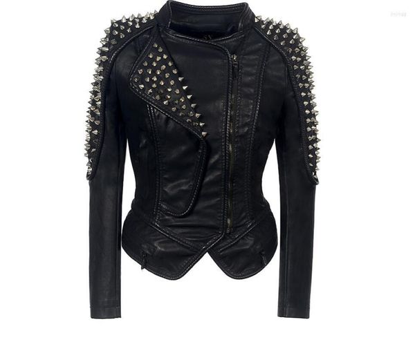 Giacca da donna in pelle da donna Spikes Stars Slim Bi-metal Silver Rivet Metallic PU Punk Biker Cappotti