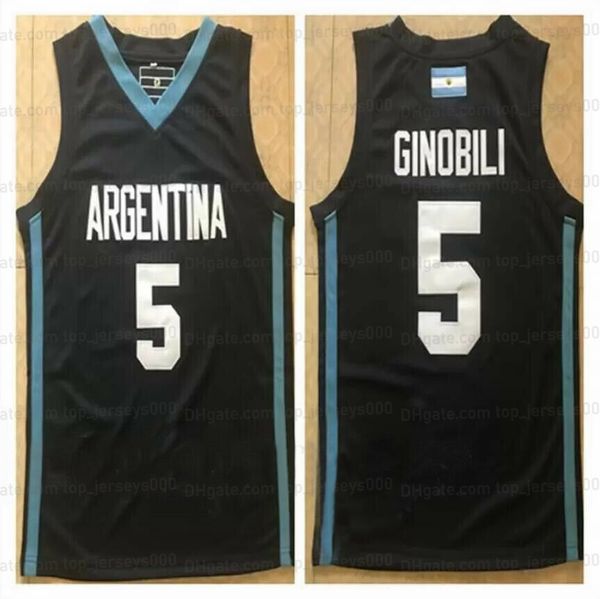 Benutzerdefiniertes Ginobili #5 Team Argentinien Basketball-Trikot, Retro-Schwarz, genäht, beliebiger Name, Nummer, Größe S-4XL, 5XL, 6XL