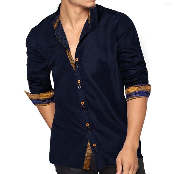 Camisas casuais masculinas Spring Autumn Camisa masculina Manga comprida Cotton Paisley Button-Down Collar Black for Men