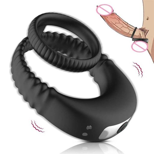 Articoli di bellezza Silicone Dual Penis Rings Vibratore 10 Velocità Cock For Men USB Lock Delay Eiaculazione Giocattoli sexy per adulti Anello da coppia