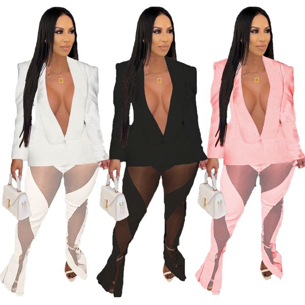 2024 Designer Trainingsanzüge Sexy Zwei 2 Stück Hosen Set Frauen Business Anzüge Mesh Patchwork Langarm Blazer Flare Hose Outfit Split Hosen Kleidung Großhandel 8800