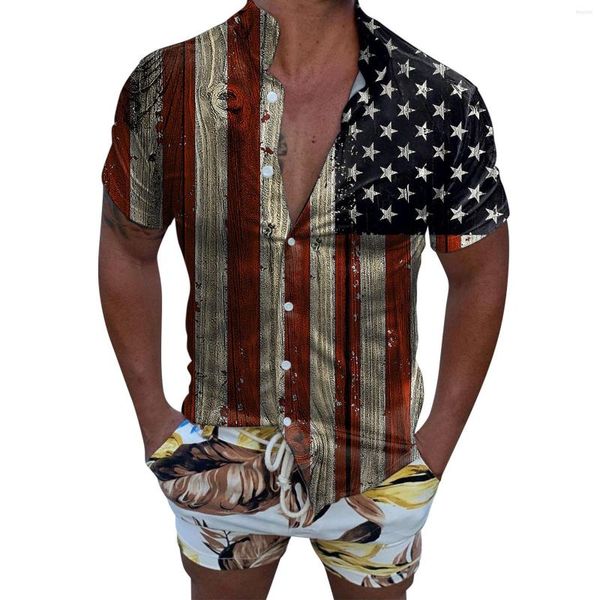 Мужские повседневные рубашки сплошная рубашка x короткие мужские пляжные флаг мужской мужской напечатанные лето -топ -блузка белый рукав скраб