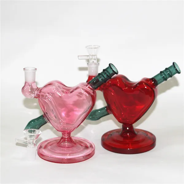 Cachimbos de água em formato de coração Rosa vermelho Bongs de vidro Cachimbos de água Dab Plataformas de petróleo com 14 mm Tigelas de ervas secas para fumar Bong de néctar