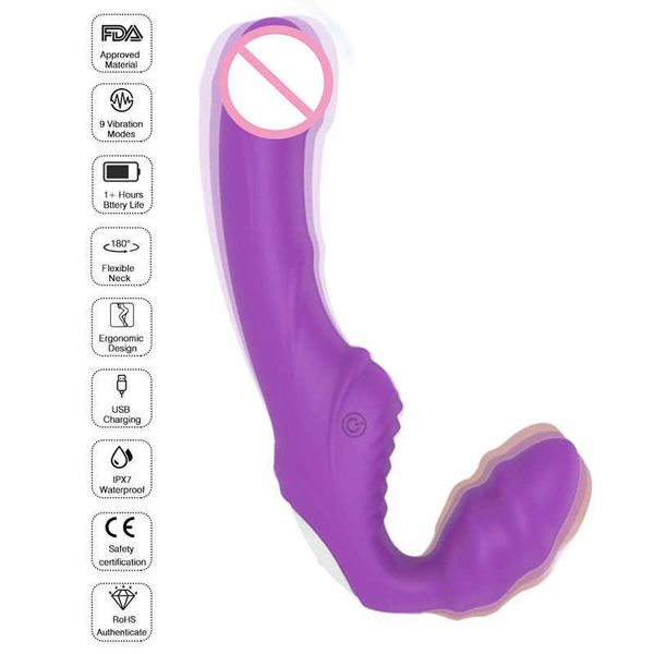Schönheitsartikel 9 Geschwindigkeiten Tragbarer trägerloser Strapon-Dildo-Vibrator für Frauen Doppelvibrierende Lesben-Vagina G-Punkt Sexy Spielzeug für Erwachsene