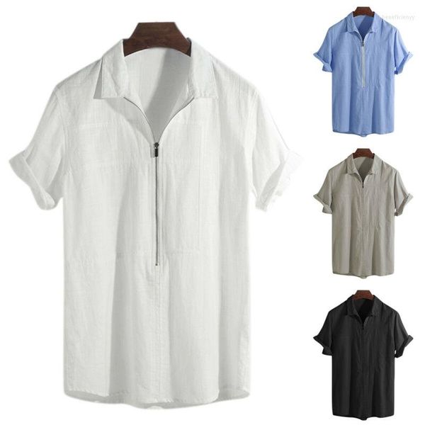 Herren-T-Shirts, Leinen, kurzärmelig, mit Reißverschluss, T-Shirts, Sommer, lässig, lockere Bluse, T-Shirts, AU