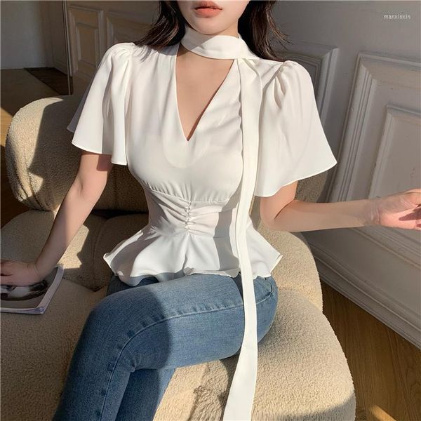 Frauen Blusen Koreanischen Stil V-ausschnitt Bowtie Kragen Kurzarm Frauen Bluse Schößchen Hemd Elegante Büro Dame Crop Top Blusas mujer