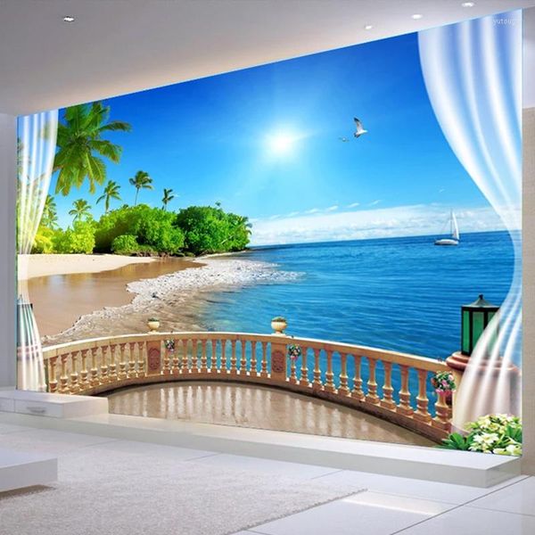 Обои на заказ 3D стена Обои для картины балкон окна видом на море Большой роспись пляж пляж ландшафт гостиная спальня папель де парня tapety