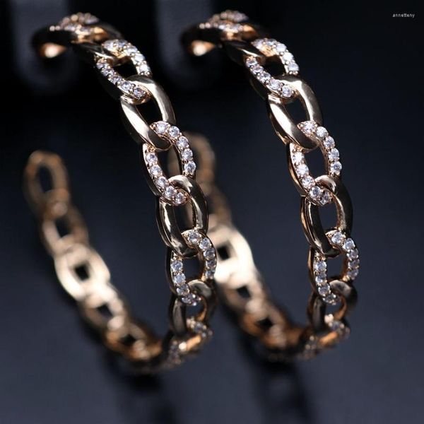 Orecchini a cerchio Color oro Grande cerchio rotondo pavimentato Cubic Zirconia Luxury Gorgeous Cz Link Chain Punk Orecchino 47mm Per gioielli da donna