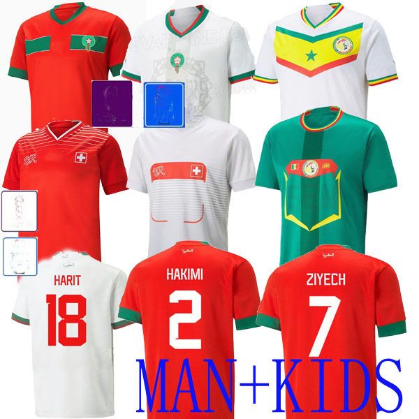 2022 Marokko Fußballtrikots Senegal Schweiz auswärts HAKIMI ZIYECH Embolo Xhaha Rodriguez Spielerversion Maillot Fußballuniformen Hemden HOME Kinder Ghana 2023 ESO