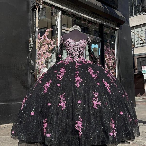 Vestidos de Quinceanera com lantejoulas pretas Apliques de renda rosa Mangas compridas com contas Decote em coração Custom Made Tule Doce 15 16 Princesa Concurso Vestido de baile vestidos