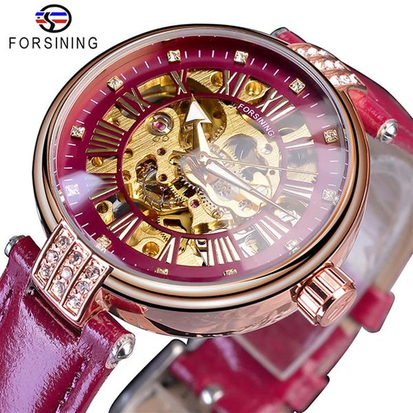 Forsining Fashion Golden Skeleton Diamond Design Red Genuine Leather Band Luminous Lady Mechanical Watches Top Brand Luxury322e