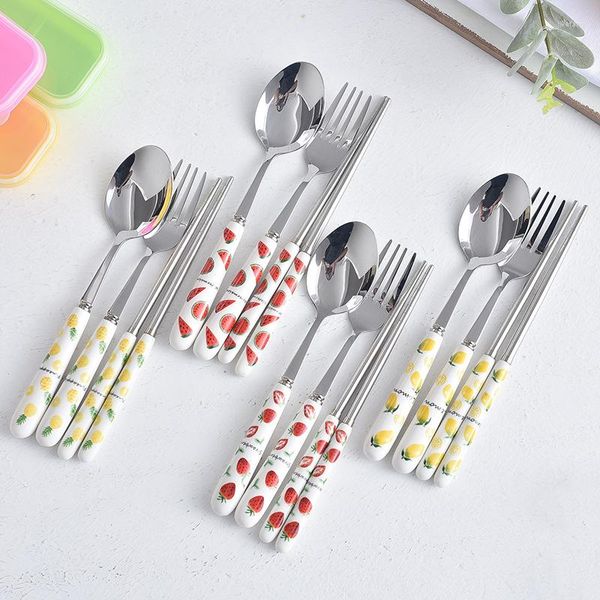 Наборы посуды 3PCS Travel Cutlery Set Portable Box Япония керамическая ручка Spoon Fork Студенческая кухня палочки для палочек для еды.