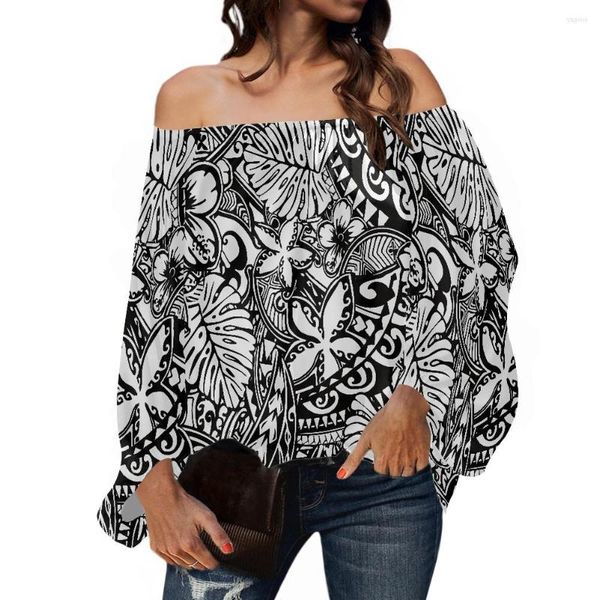 Damenblusen HYCOOL Polynesian Black Tops für Frauen Mode Samoan Tribal Tattoo Print Lässige elegante Bluse Off Shoulder Top Puffärmel