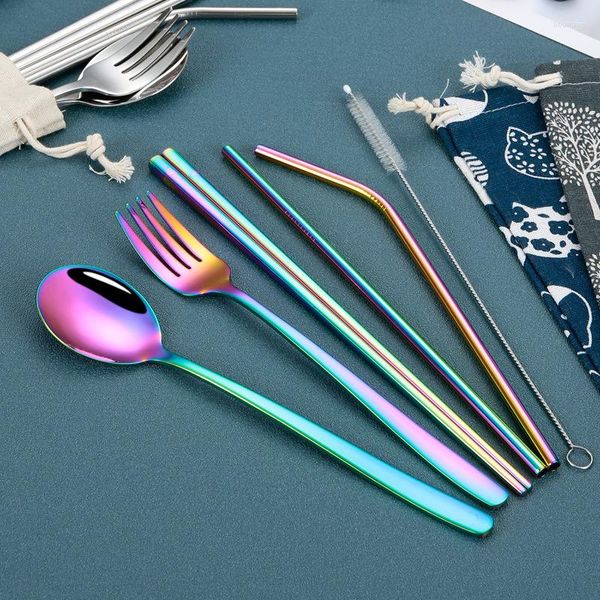 Set di stoviglie Creative 304 Stoviglie in acciaio inossidabile Titanio placcato Colore Cucchiaio Forchetta Bacchette Paglia Set regalo occidentale portatile