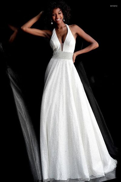 Lässige Kleider Weißes Abendkleid 2022 Sommer Frauen Sexy Halter Rückenfrei Mode Tiefer V-Ausschnitt Ärmellos Lang Elegant