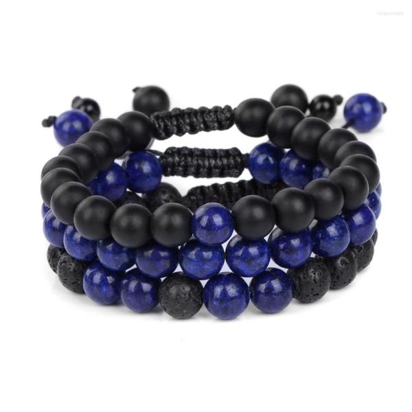 Strand 3pcs/conjunto de pulseiras trançadas ajustáveis ​​para homens homens foste vidro preto de 8 mm de bracelete conjunto de lava labradorito jóias de tecido