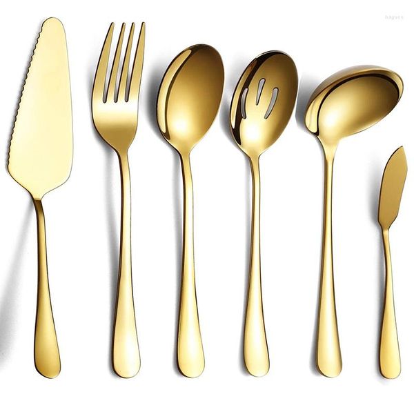 Plattontrinzielle Sets 6-teilige Servierset Edelstahl Silberwaren Utensilien-Kuchen-Server geschlitzte Löffel Gabel Buttermesser Suppe Kelle Geschirr