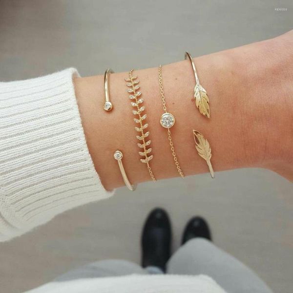 Braccialetti con ciondoli 4 pezzi/set braccialetti di cristallo foglia oro braccialetti per donna braccialetti coreani con catena a maglie semplici con ramo d'ulivo