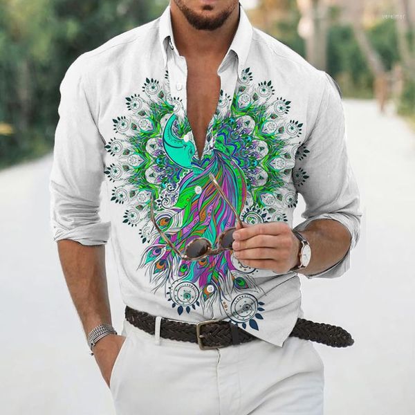 Camicie casual da uomo Primavera Autunno Moda uomo Risvolto monopetto Graffiti Pittura a inchiostro Stampa digitale Top a maniche lunghe