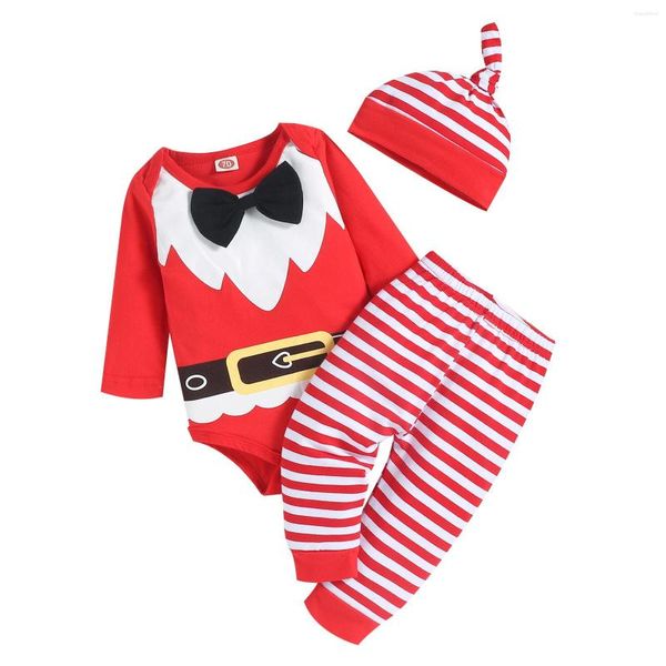 Kleidung Sets 2022 Weihnachten Geboren Infant Baby Mädchen Jungen Kleidung Set Santa Strampler Gestreiften Hosen Hut Weihnachten Outfits Party Kostüm