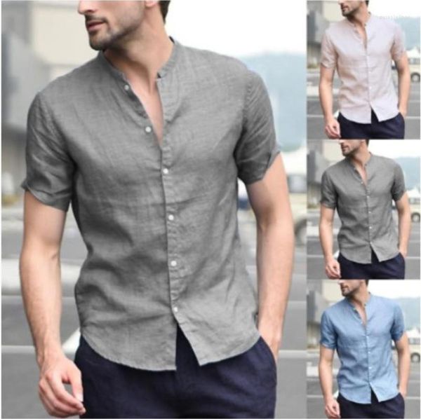 Camisas casuais masculinas Blusa de linho masculina Botões de manga curta Summer Solid confortável algodão puro e tampas de férias soltas