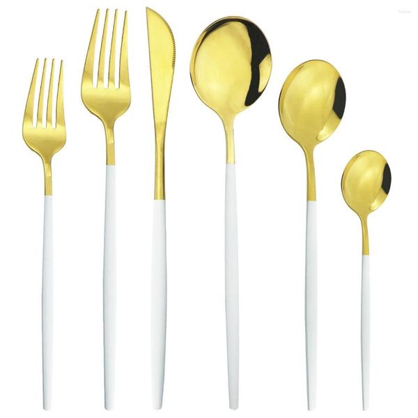 Столовые наборы 6pcs/set White Gold Cutlery Set Knives Desert Forks Spoons Jenangeware Ошибка из нержавеющей стали кухонная серебро.