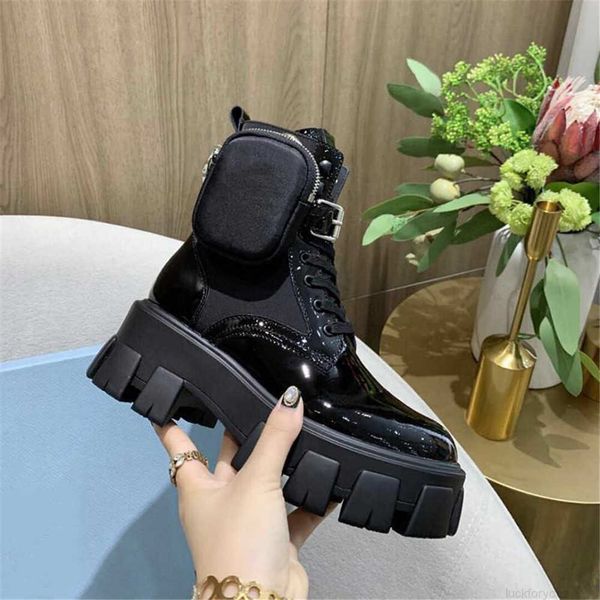 2023 Designer Paiars Mulher Ankle Martin Boots Australia Couro Rois Escovado Nylon Com Monólito Removível Salto Feminino Preto Tamanho 35 -41