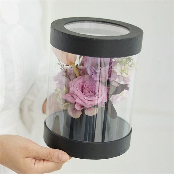 Enrole de presente estilo coreano Caixa de flores artesanal Arranjo redondo PVC Bouquet de ponta de sofrimento transparente