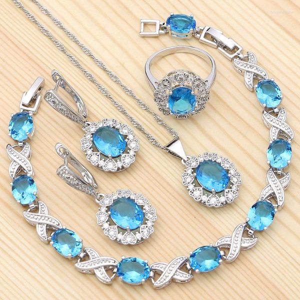 Conjunto de pendientes de collar, Kits de plata 925, compromiso para mujer, anillo de circonita cúbica azul cielo, colgante de pulsera