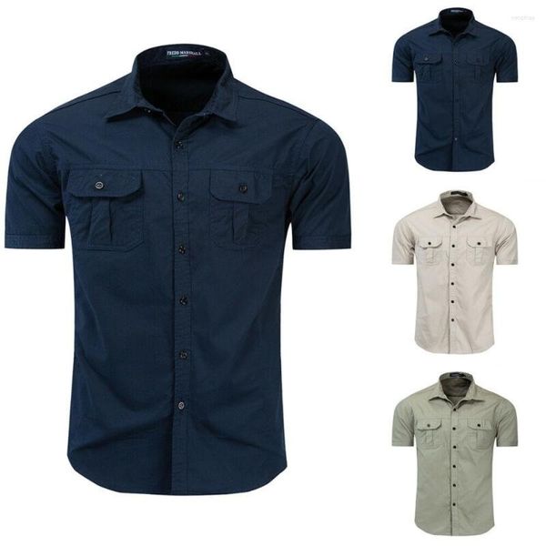 Erkek Tişörtler Erkekler Kısa Kollu Gömlek Top Yaz Ordu Tarzı Cep Seyahat Tatil Günlük Bluz
