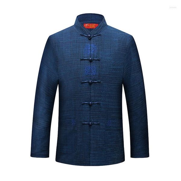 Jackets masculinos de estilo oriental masculino azul de tang com padrões propícios chineses design de bordado de tangerina casaco retrô