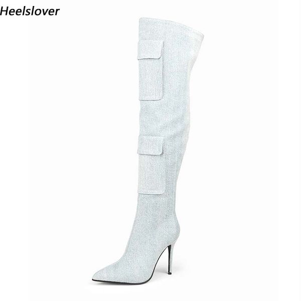 Heelslover New Arrival Women Winter Long Boots Sexy Stiletto Heels Pointed Toe Beautiful LighT Blue Party Shoes US Size 5-15