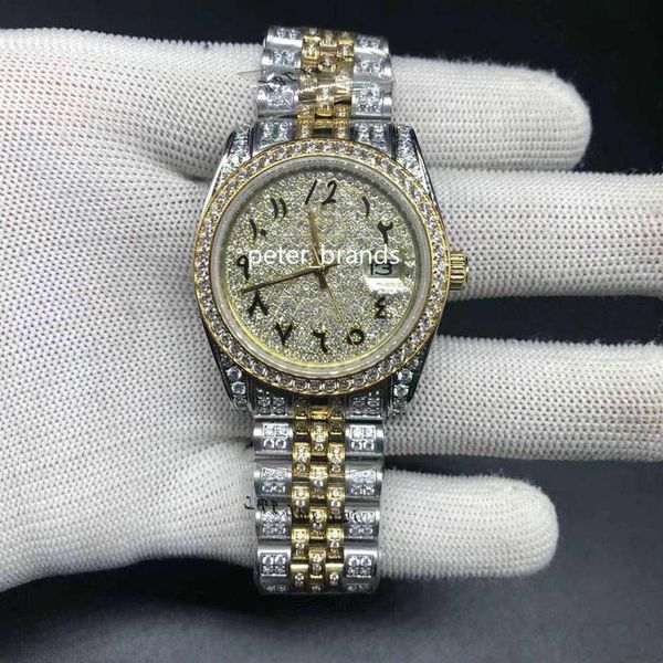 Diamante full Diamond Arabic numeral Dial Watch Tamanho 36mm Luxo Iced Out Assista Automatic Silver Gold Two Tone Tone Stainless Lady3339