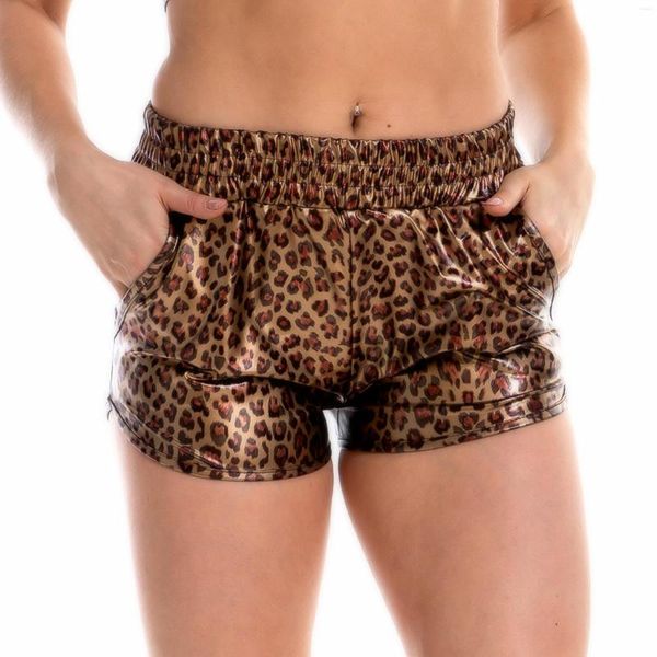 Shorts femininos brilhantes a laser esportes femininos Pu de couro brilhante cor sexy estampa de leopardo
