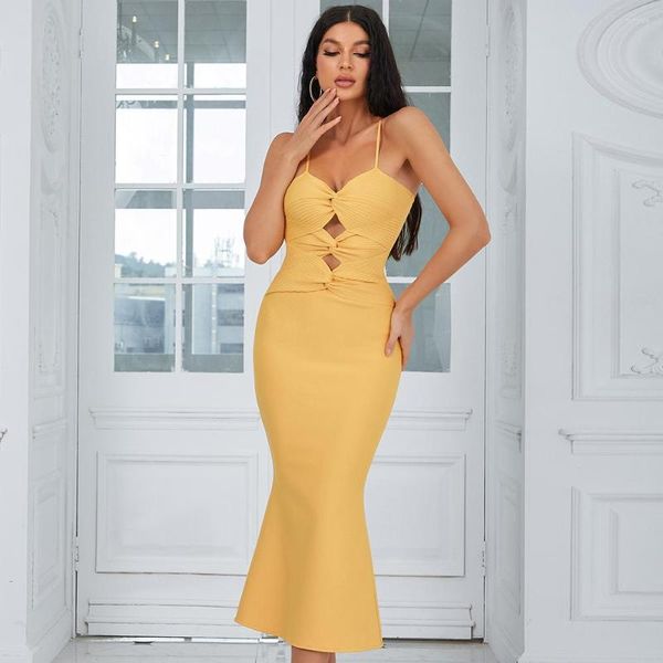 Sıradan elbiseler 2022 yaz tarzı kadınlar seksi kayış anahtar delikleri bodycon uzun elbise rayon bandaj moda kutlama parti gece kulübü giyim vestido