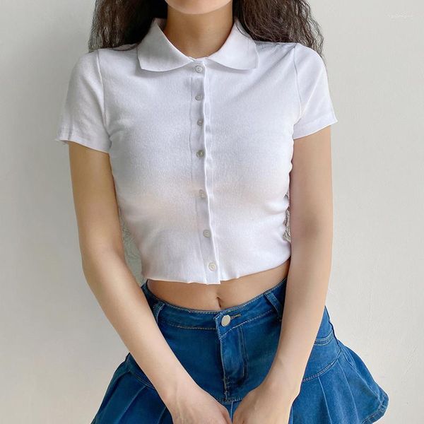 Camisetas femininas simples colarinho pólo slim de malha de manga curta tops femininos de verão anime harajuku renda de renda single de peito plus size cardigan