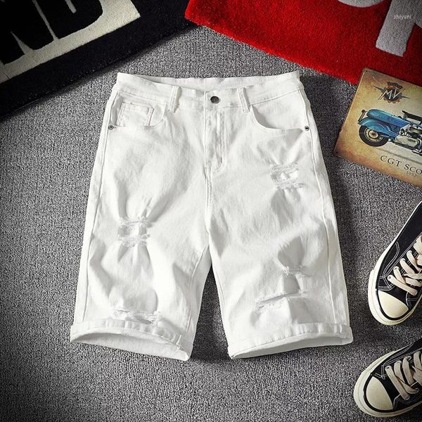 Männer Shorts 2022 Weiß Denim Sommer Löcher Casual Stretch Jeans Männer Baumwolle Solide Slim Fit Hosen Elastische Knie Länge P