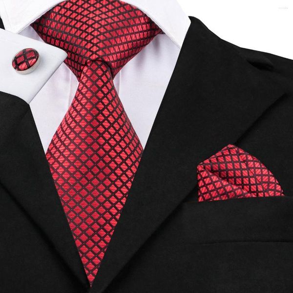 Fliegen C-1607 Hi-Tie Patchwork Rotes Krawattenset Hochwertige handgefertigte Seiden-Jacquard-gewebte Hals-Einstecktuch-Manschettenknöpfe für Männer im Angebot