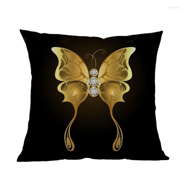 Travesseiro fundo preto diamante e borboletas douradas padrão linho lance caso casa sofá quarto capa decorativa 45x45cm310l
