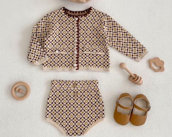 Ins neue süße Frühlings-Herbst-Kleidungssets für Kleinkinder, Kinder, langärmelig, Vintage-Strickjacke, Baby Climb, 100 % Baumwolle