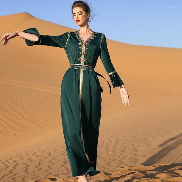 Этническая одежда Eid Al-Fitr Dubai Непальская женская модная платья рука рука с бриллиантами Абая Оман Кадар Темно-зеленый благородный кафтан халат