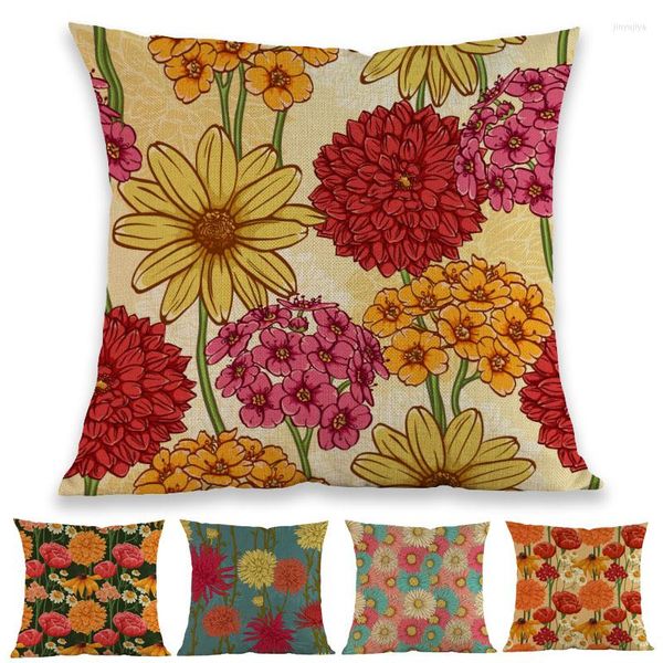 Flores de travesseiro desenhado Flores elegantes florais Gerbera Daisy Chrysanthemum Pattern Linen Throw Case Home SofA Decoration Cover