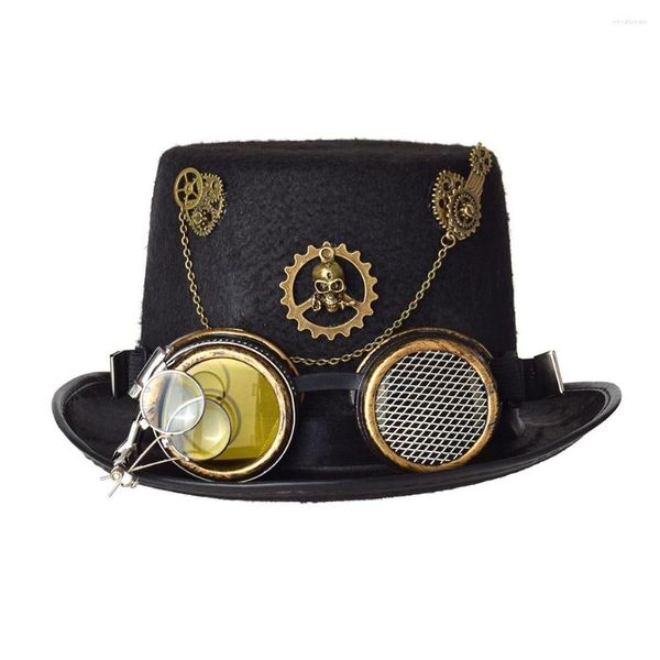 Berets Steampunk Hut mit Brille Vintage Männer Schwarz Top Gothic Halloween Frauen Fedora Goth Elegante Kopfbedeckung Kostüm Party