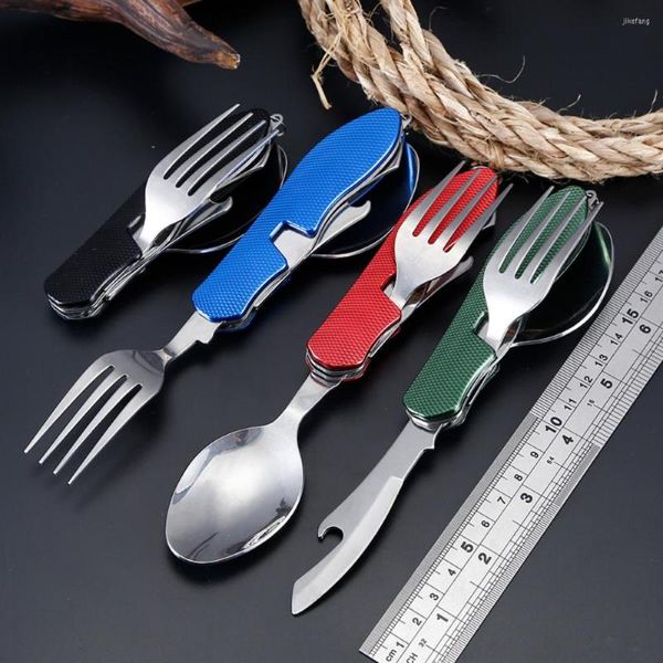 Set di stoviglie Stoviglie da campeggio Forniture per cucinare all'aperto Cucchiaio 4 in 1 Tasca pieghevole per picnic Escursionismo Sopravvivenza Strumenti Kamp multifunzione