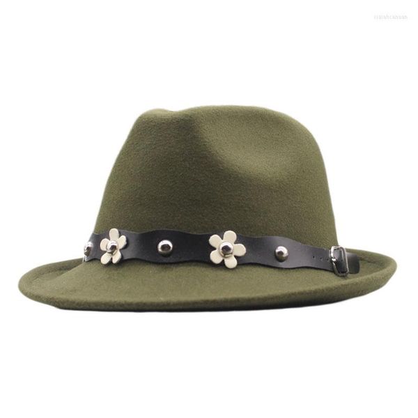 Berretti 2022 Cappelli di feltro neri per le donne con cintura a tesa larga da uomo Jazz Padrino Cappello Fedora Trilby Gangsters Inverno Chapeau Femme