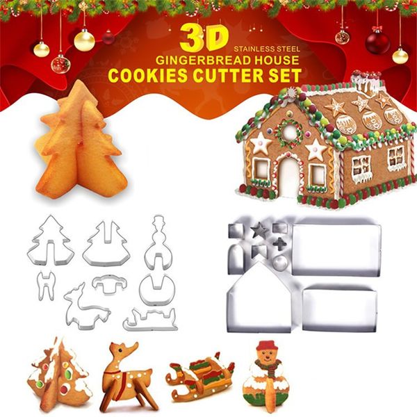 Кондитерские инструменты 3D Gingerbread House Hepanless Steel Christmas Scenario Cookie Cutters Set Biscuit Fondant Cutter Cutter