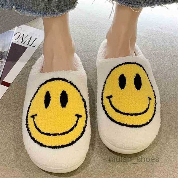 2023 Fashion Women Smile Winter Slippers Soft Plush Faux Fur Shoes Ladies Fluffy Furry Flat Home Indoor Couple Cotton smiley