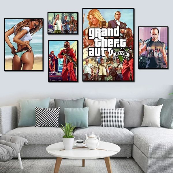 Cartaz Pintura de metal Arte da parede Grand Theft Auto V Game Papel de parede Sexy girl Prints Bar Man Cave Adesivo de parede Mural Decoração do quarto