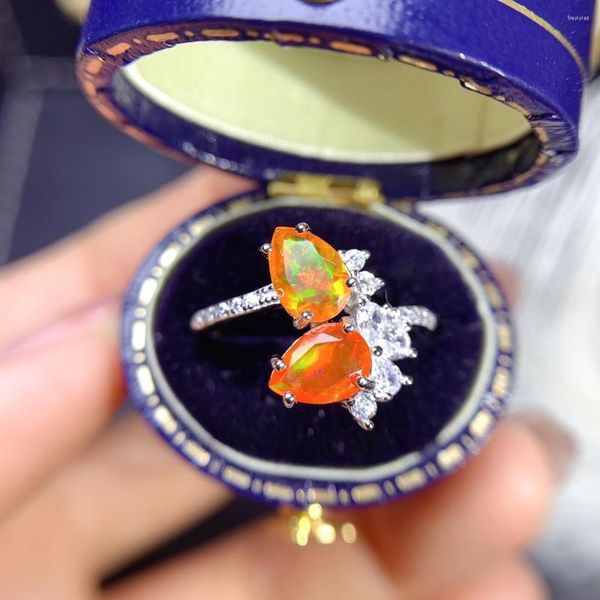 Anelli a grappolo Anello con opale di fuoco arancione naturale del Messico Pera 5x7mm Promessa di sposa in argento sterling 925 per le donne