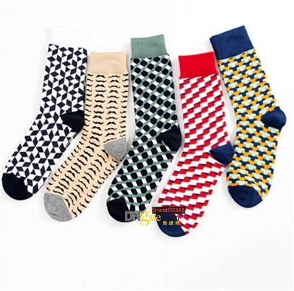 Luxuryman Novo estilo Jacquard Socks penteado algodão causal meias felizes geometria xadlezas coloridas de meia papa